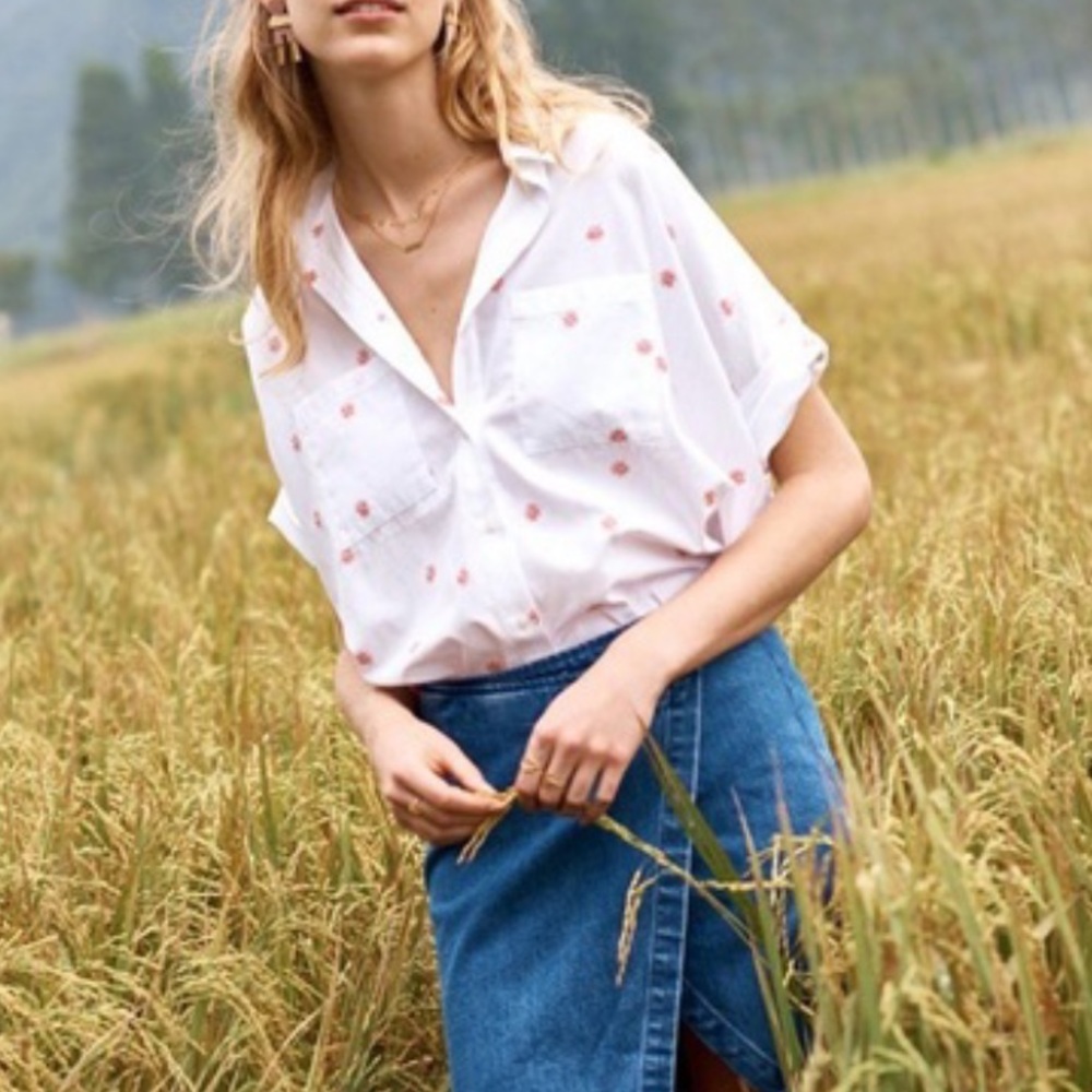 Madewell Embroidered Daisy Courier Shirt Oversized Button Down Size XS